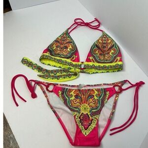 Pink Neon Yellow Paisley Halter Triangle Bikini Set Gold O-Ring Size Small NWOT